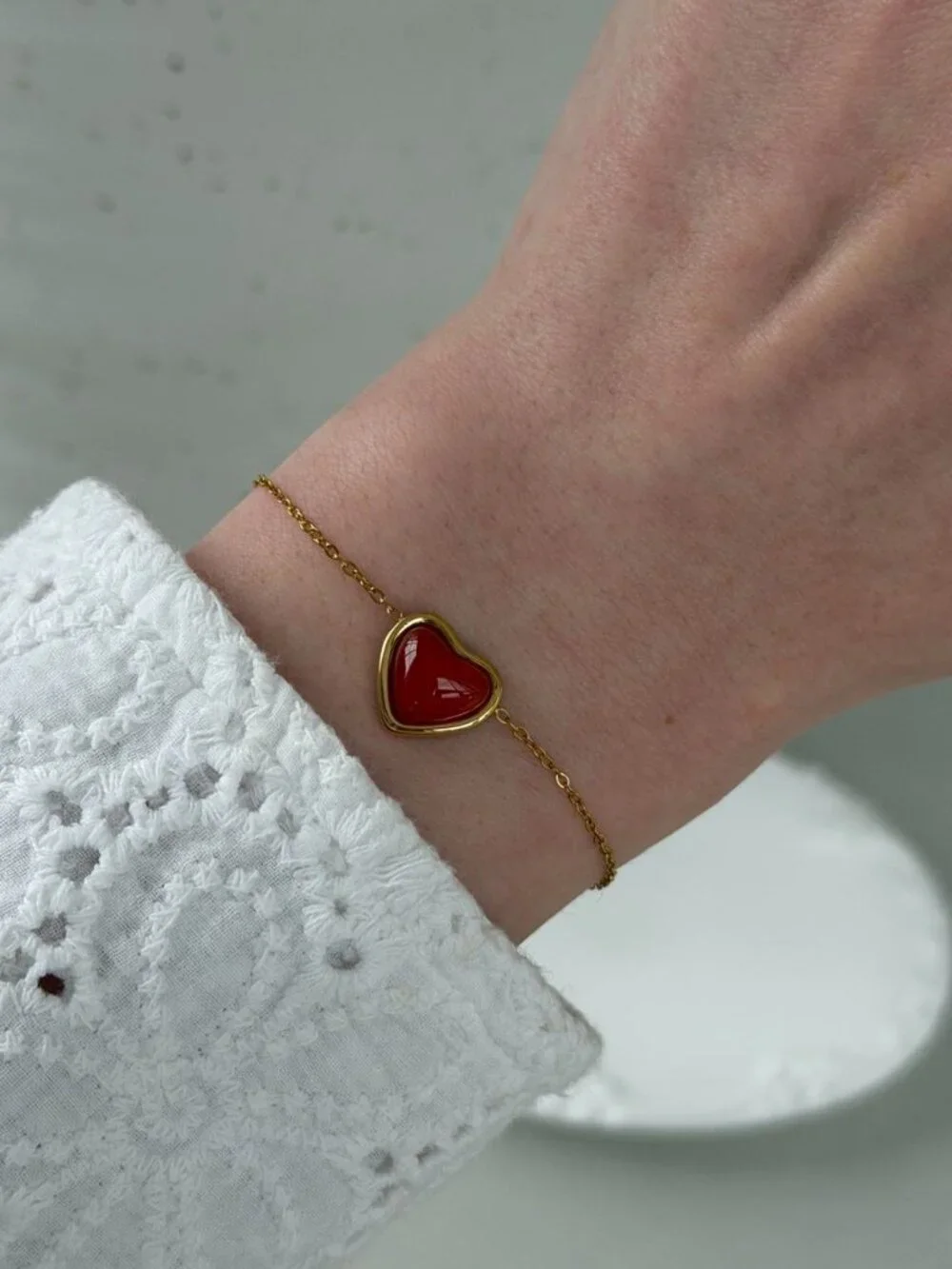 0629 Gold chain bracelet red burgundy stone pendant heart love Stainless steel